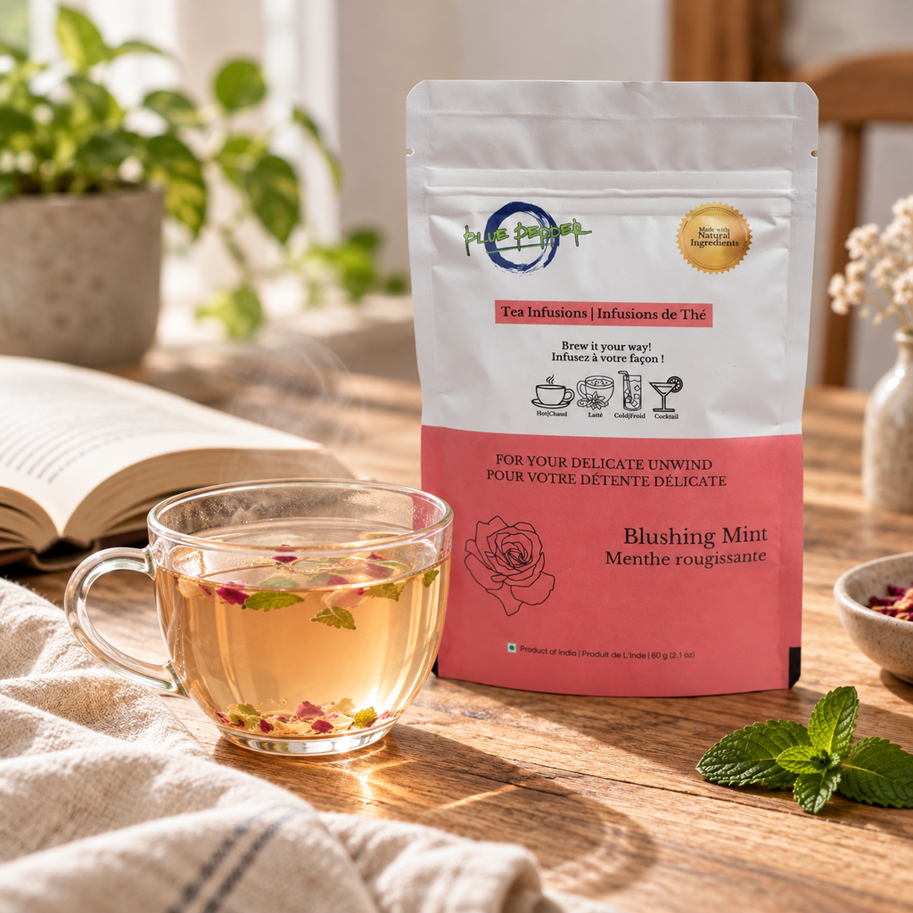 Blushing Mint pouch beside a steaming hot infusion in a natural home setting