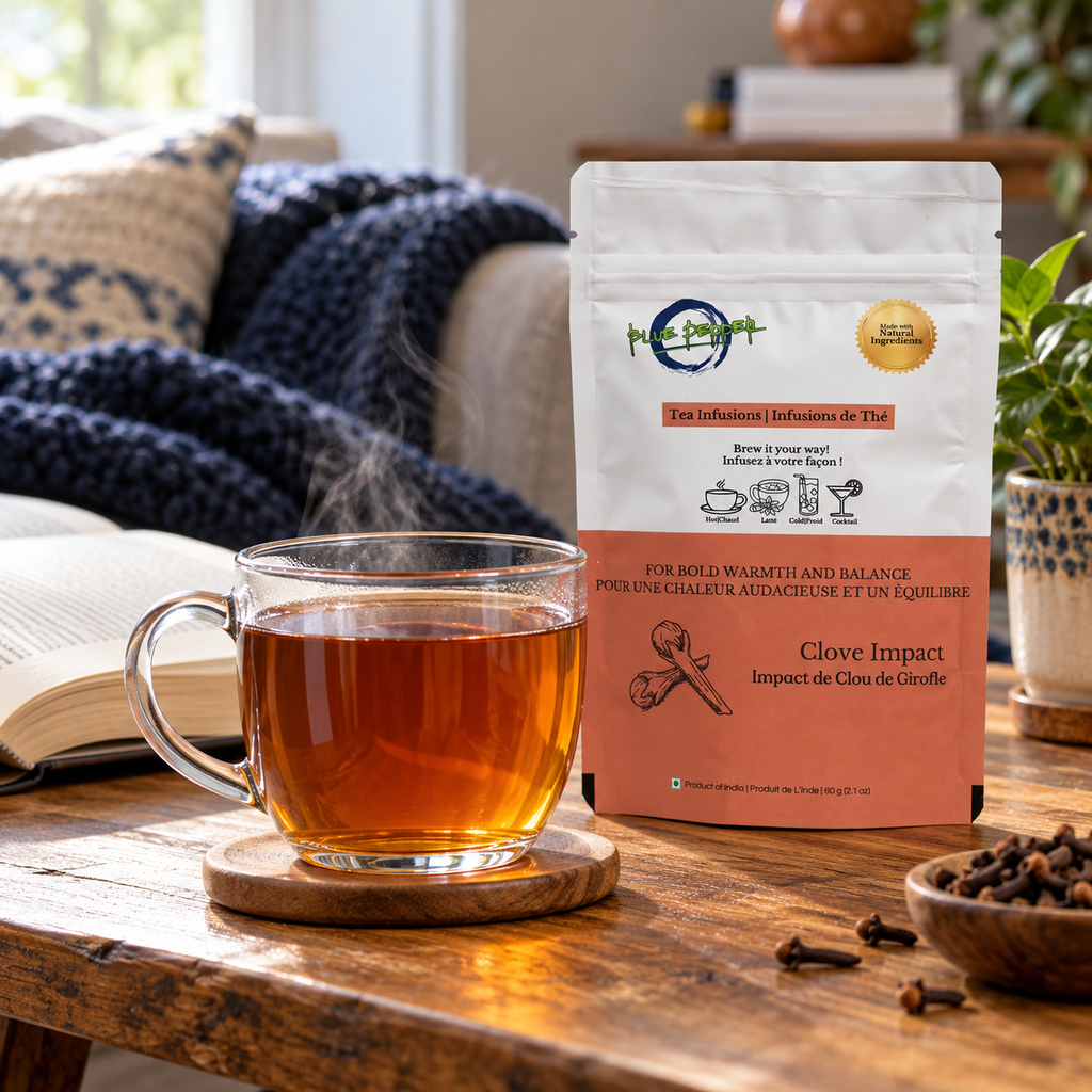 Clove Impact pouch beside a steaming hot infusion in a natural home setting