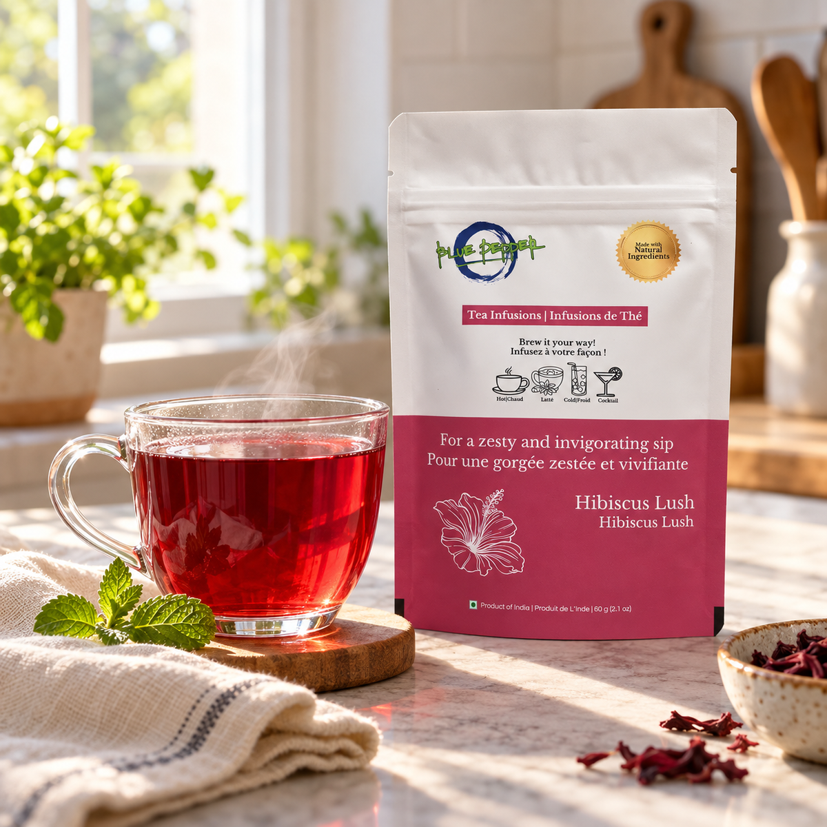 Hibiscus Lush pouch beside a steaming hot infusion in a natural home setting