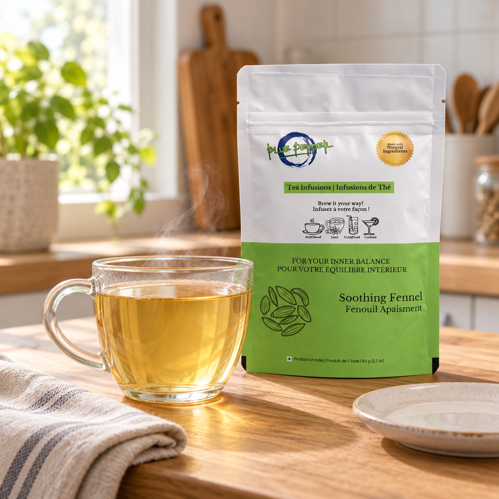 Soothing Fennel pouch beside a steaming hot infusion in a natural home setting