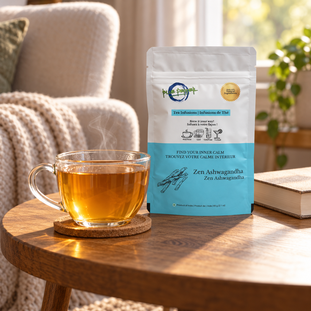 Zen Ashwagandha pouch beside a steaming hot infusion in a natural home setting