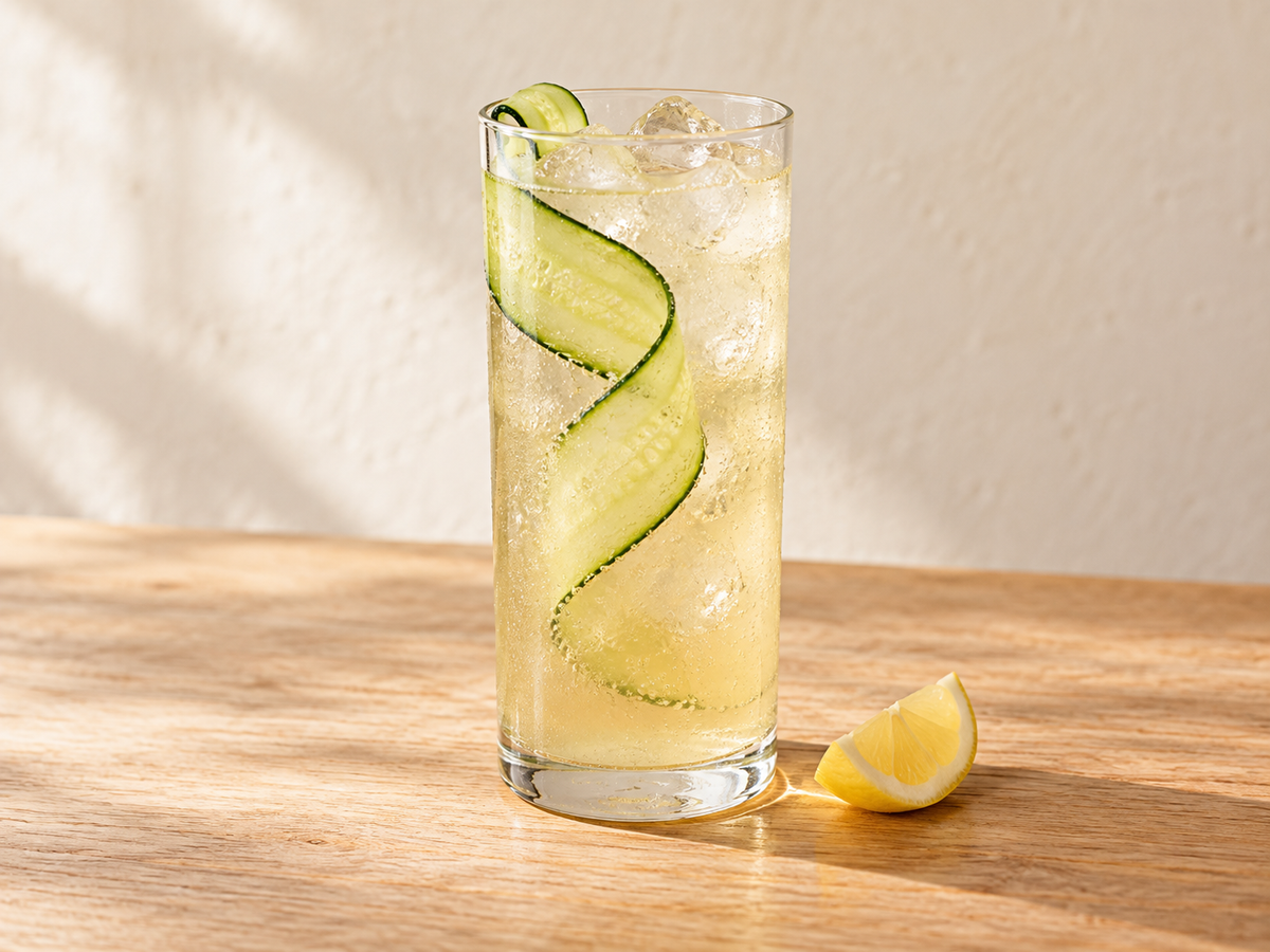 Fennel cucumber collins served over ice with its recipe garnish