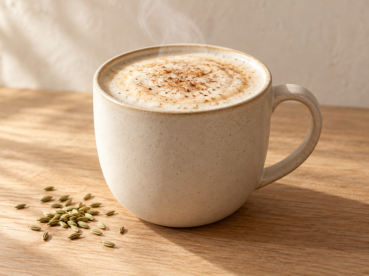 Fennel spice latte served warm in a ceramic mug