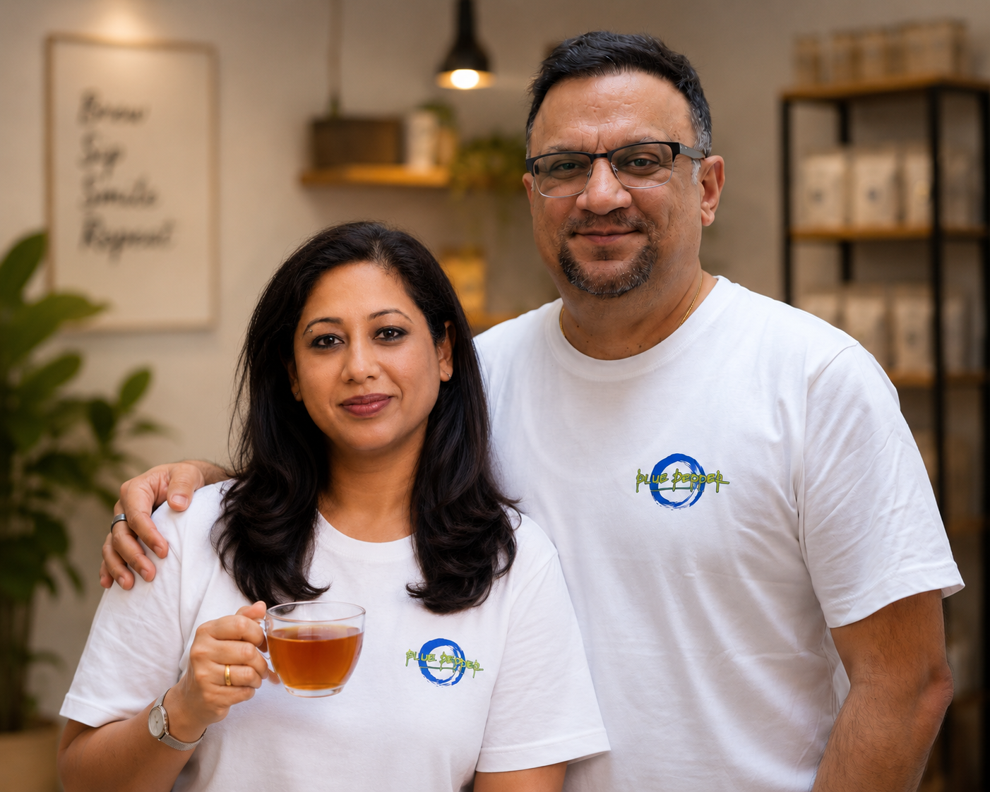 Trupti  Sedani Pandhi and her husband Ketan Pandhi, founders of Blue Pepper, sharing a tea moment together