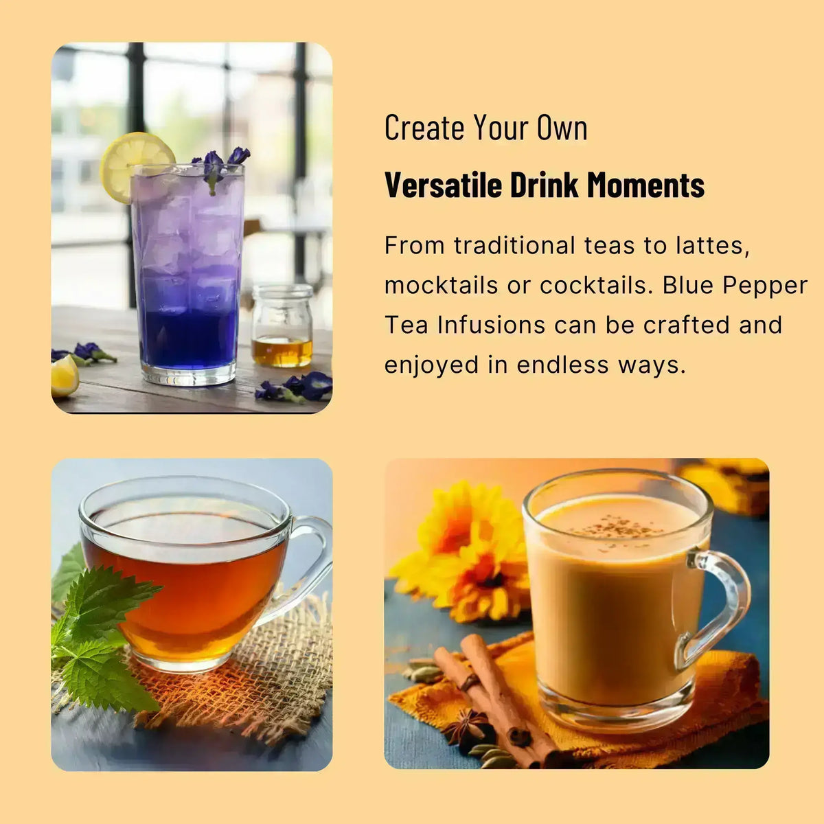 Blue Pepper Indian-inspired tea rituals with hot tea, iced infusions, chai and colourful mocktails